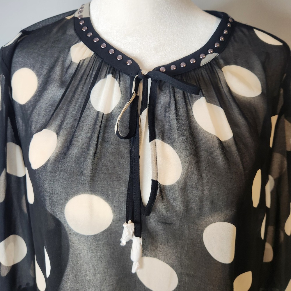 Chico's Polka Dot Womens 2 US 12 Black Cream Excellent Studded Chiffon Top - Picture 3 of 8